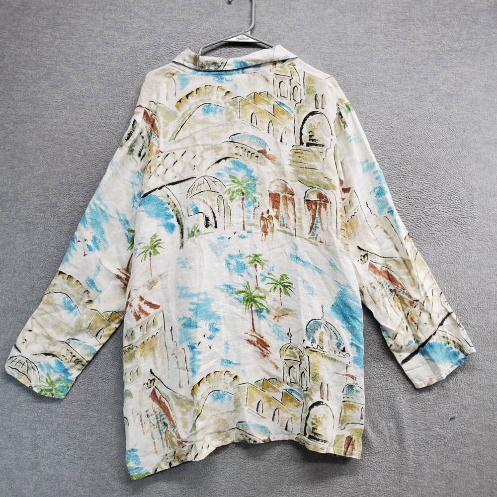 Chico's Women Top 3 Blue Water Paint City Graphic Linen Beach Button Up Collar View 5